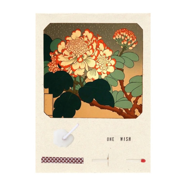 A colorful floral woodblock print on greeting card