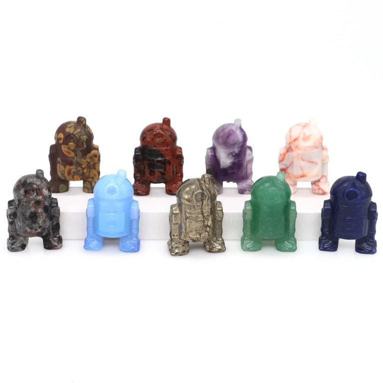 9 R2-D2 gemstone figurines on a plain background