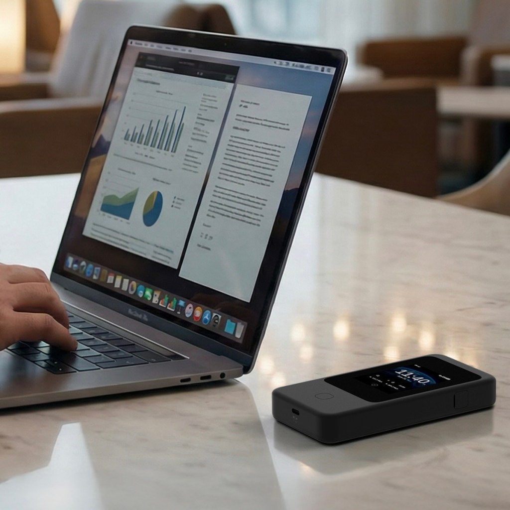 The GL iNet Mudi 7 (GL-E5800) travel router sits ona table top next to a laptop