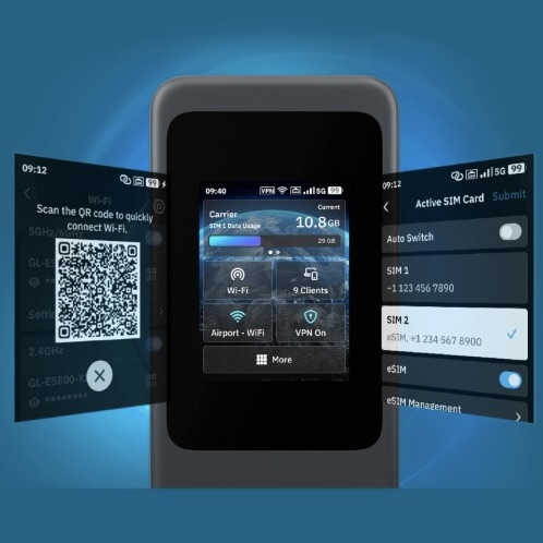 Three different screenshots of the GL iNet Mudi 7 (GL-E5800) travel router
