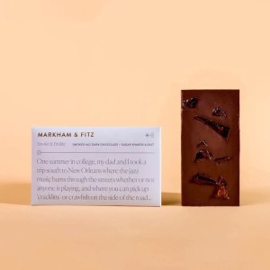 Marham & Fitz's Smoke and Brûlé choclate bar and packaging is shown on a yellow background