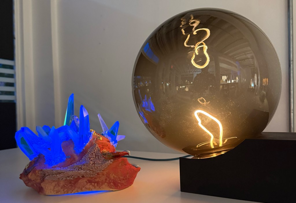 Dark Star Lamp by Mary Gattorna is A one-of-a-kind table lamp, combining ceramic and glass inspired by rocks, mountains, crystals and gemstones