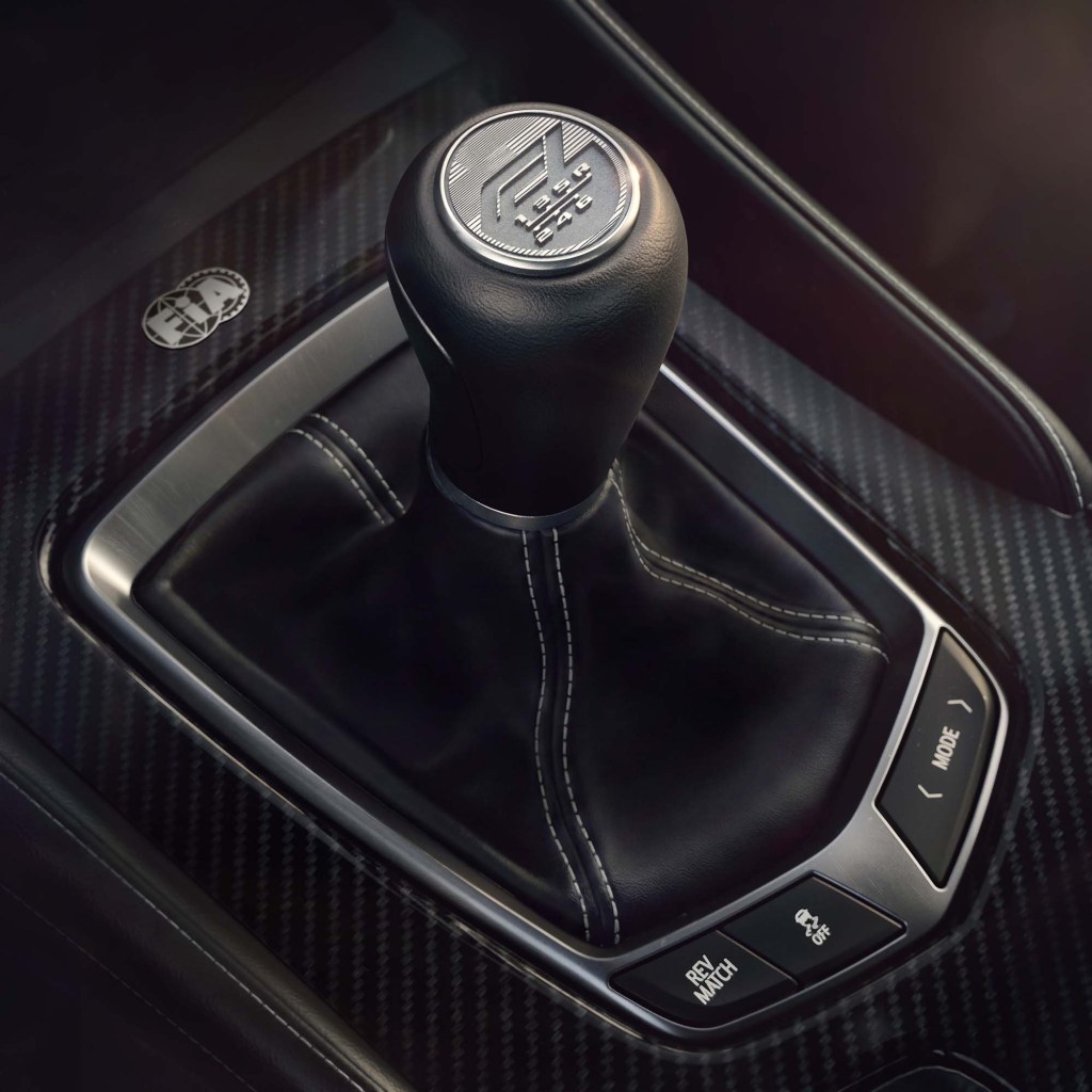 A detail of the six-speed shifter on the Cadillac CT5 Blackwing F1 edition.