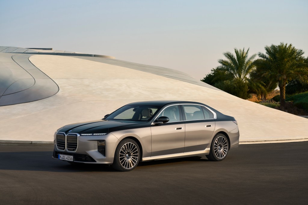 A BMW 7 Series parked in front of a sloped concrete drive with a palm tree at the far right of frame.