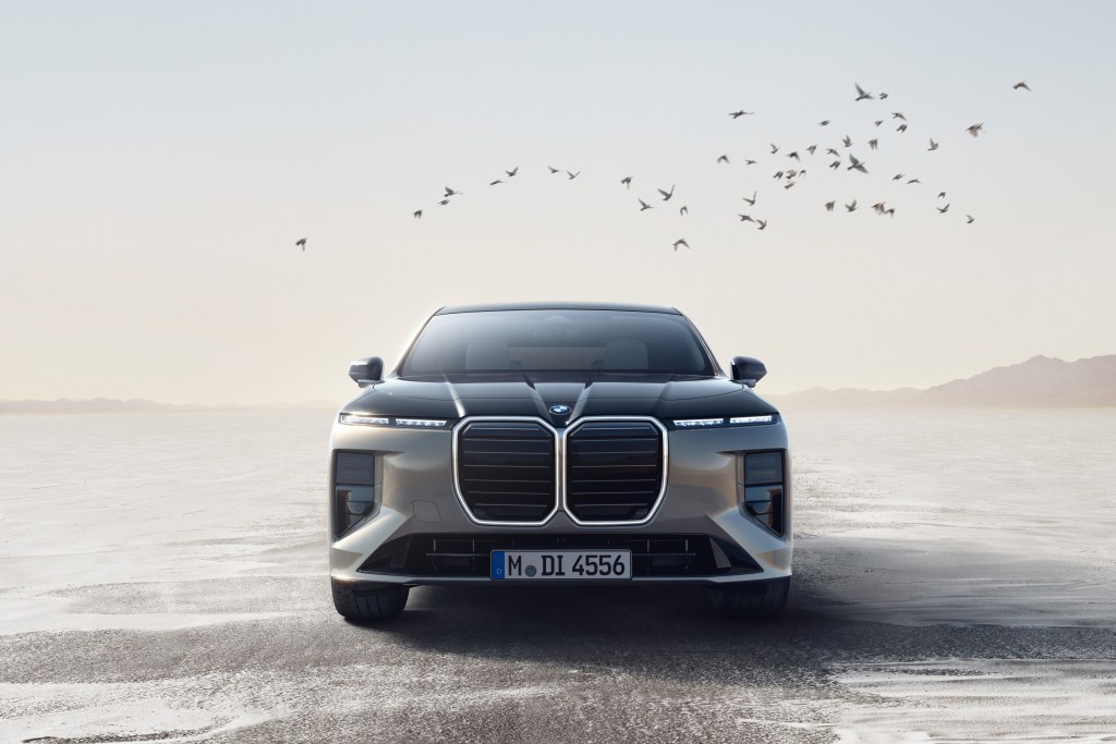A silver BMW 7 Series, shot straight on, with birds flying in the sky and ethereal lighting.