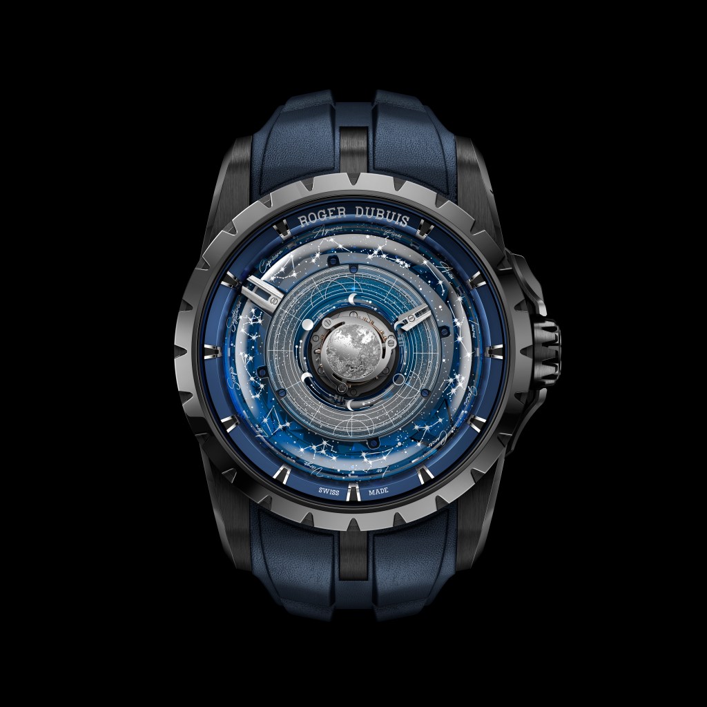 A front-on view of a large-faced Roger Dubuis watch with astrological symbols on the face.