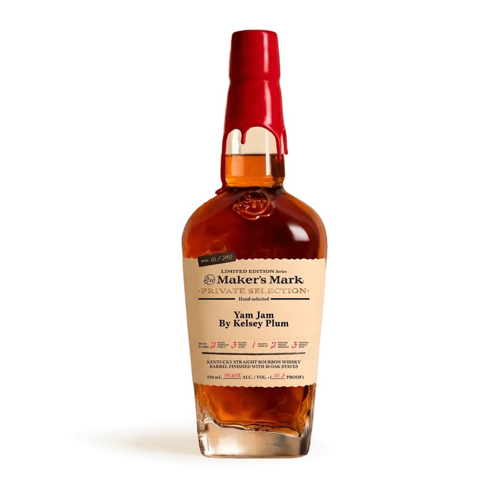 A bottle of Kelsey Plum's Yam Jam Maker's Mark Private Selection on a white background
