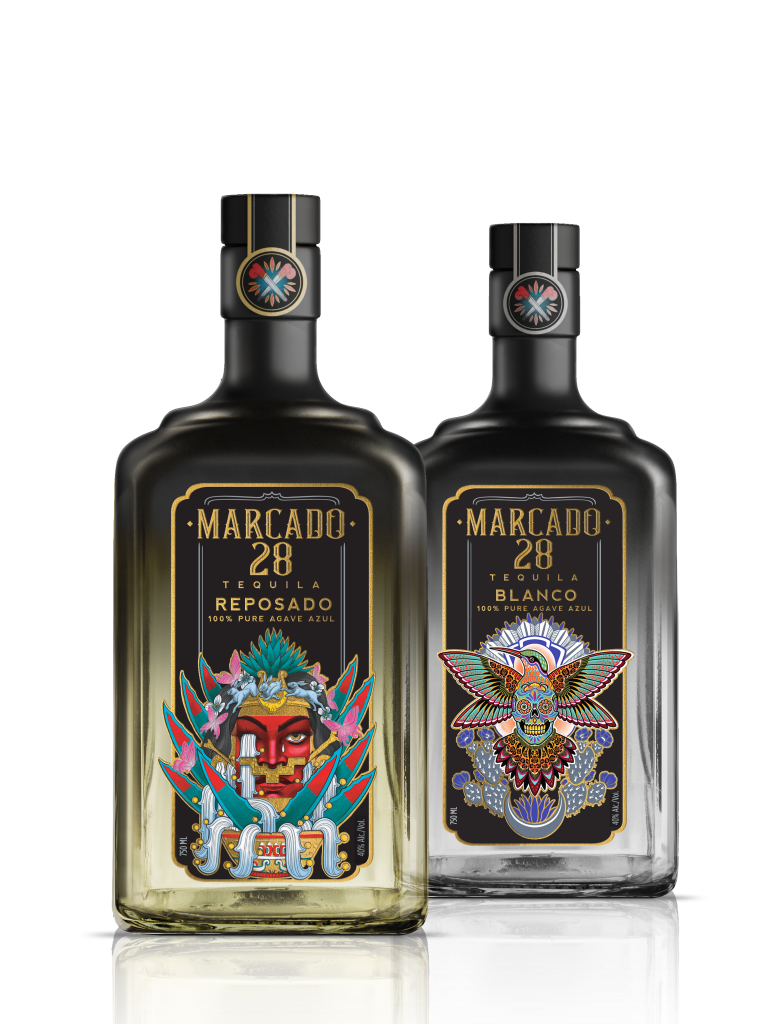 Two bottles of Marcado 29 tequilas on a white background.