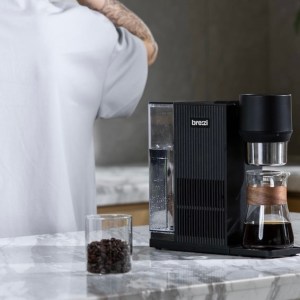 The Brezi cold brew coffee maker, side view, on a counter