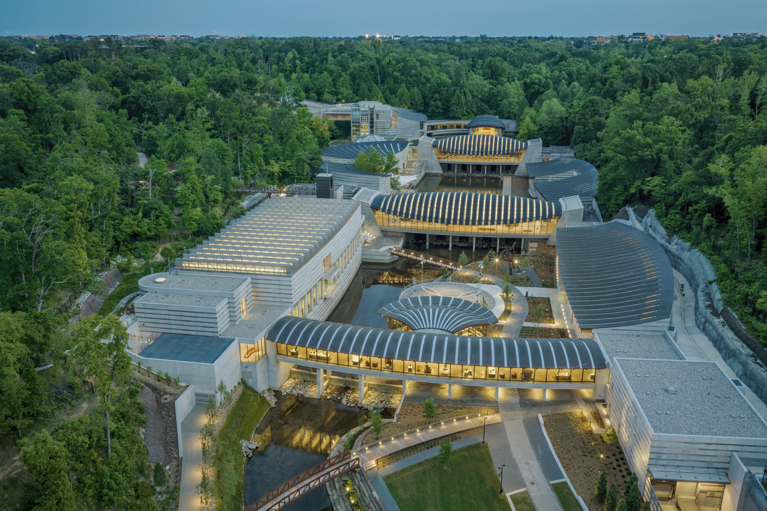 An aerial image of Crystal Bridges Museum taken in May 2026 by Tim Hursley