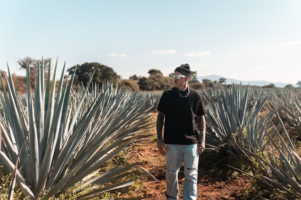 Michael Voltaggio walking through a large field of agave plants with red soil and a blue sky in the background.