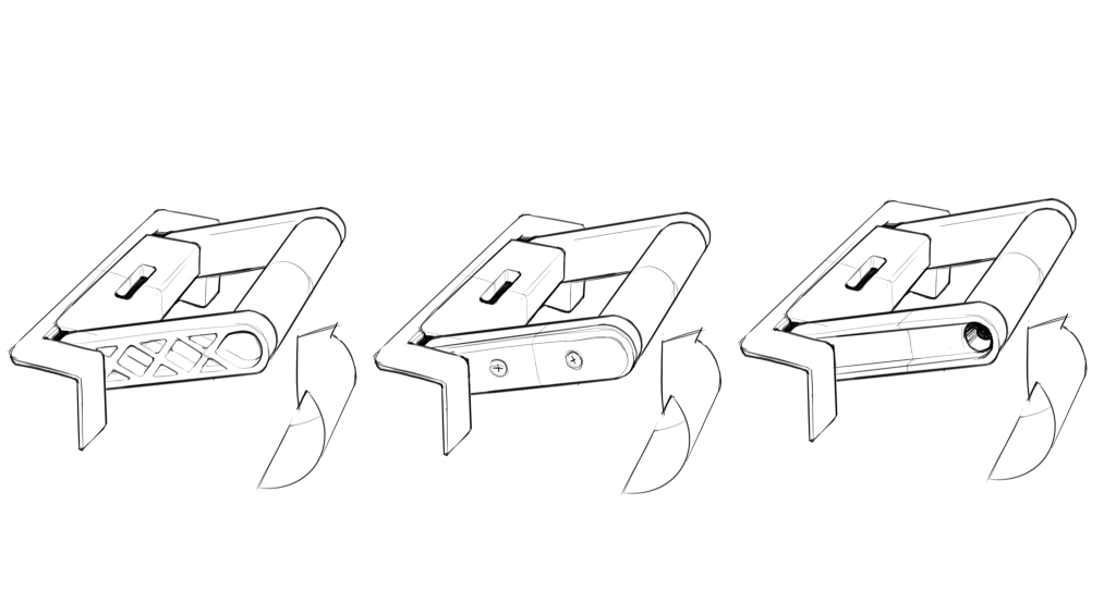 A sketch of the Dometic Recon handle, showing three different ways to hold it.