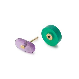 Hirotaka's Bird of Paradise earring has an oval and a round pair, either can be worn in front. This one is purple and green