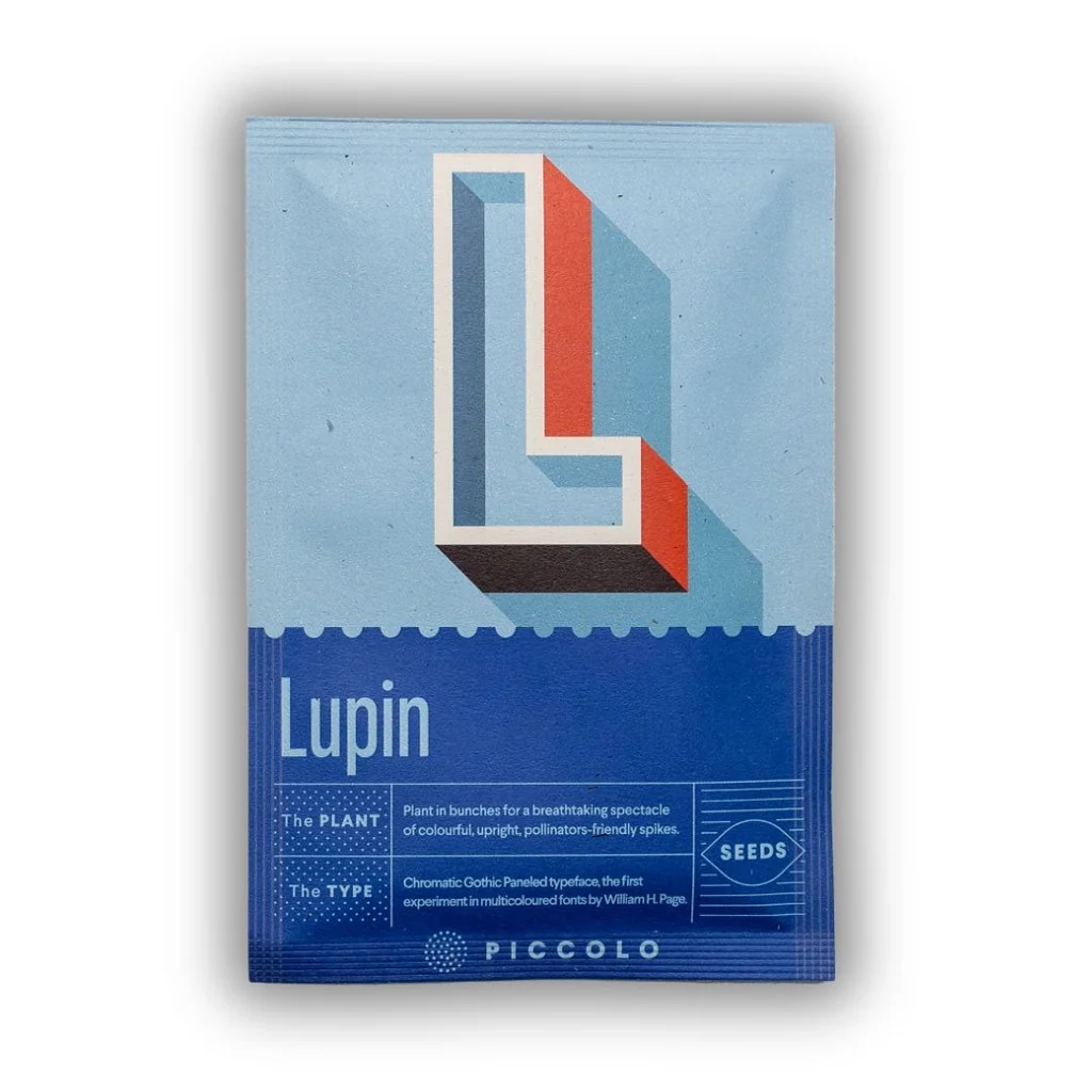 A lupin seed packet with a large blue L design on front.