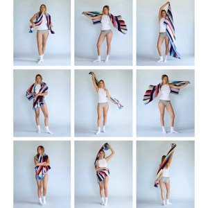 A model is shown with a Typical towel in multiple different poses