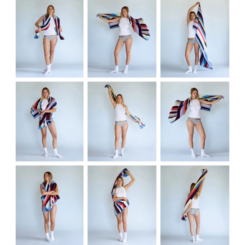 A model is shown with a Typical towel in multiple different poses