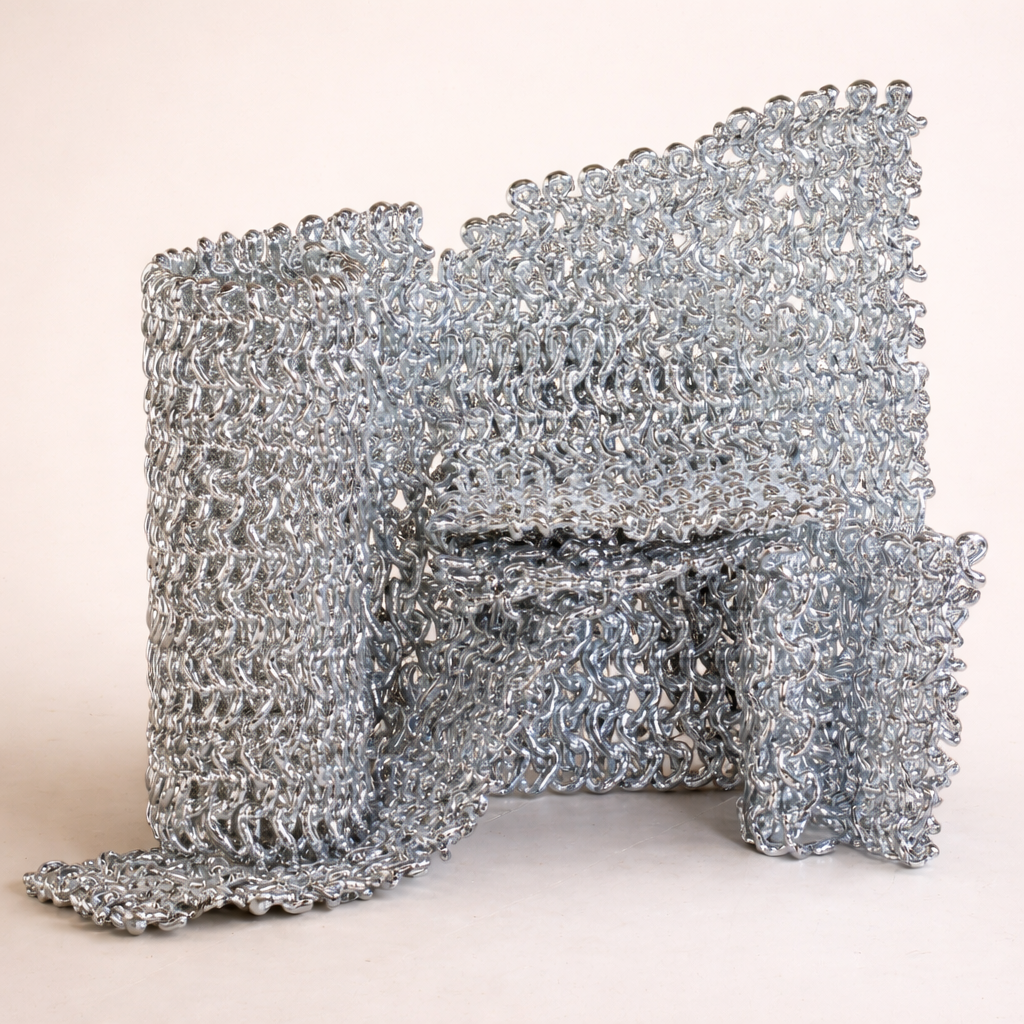 A silver metal chair-like sculpture by Kwangho Lee on a neutral pale pink background.