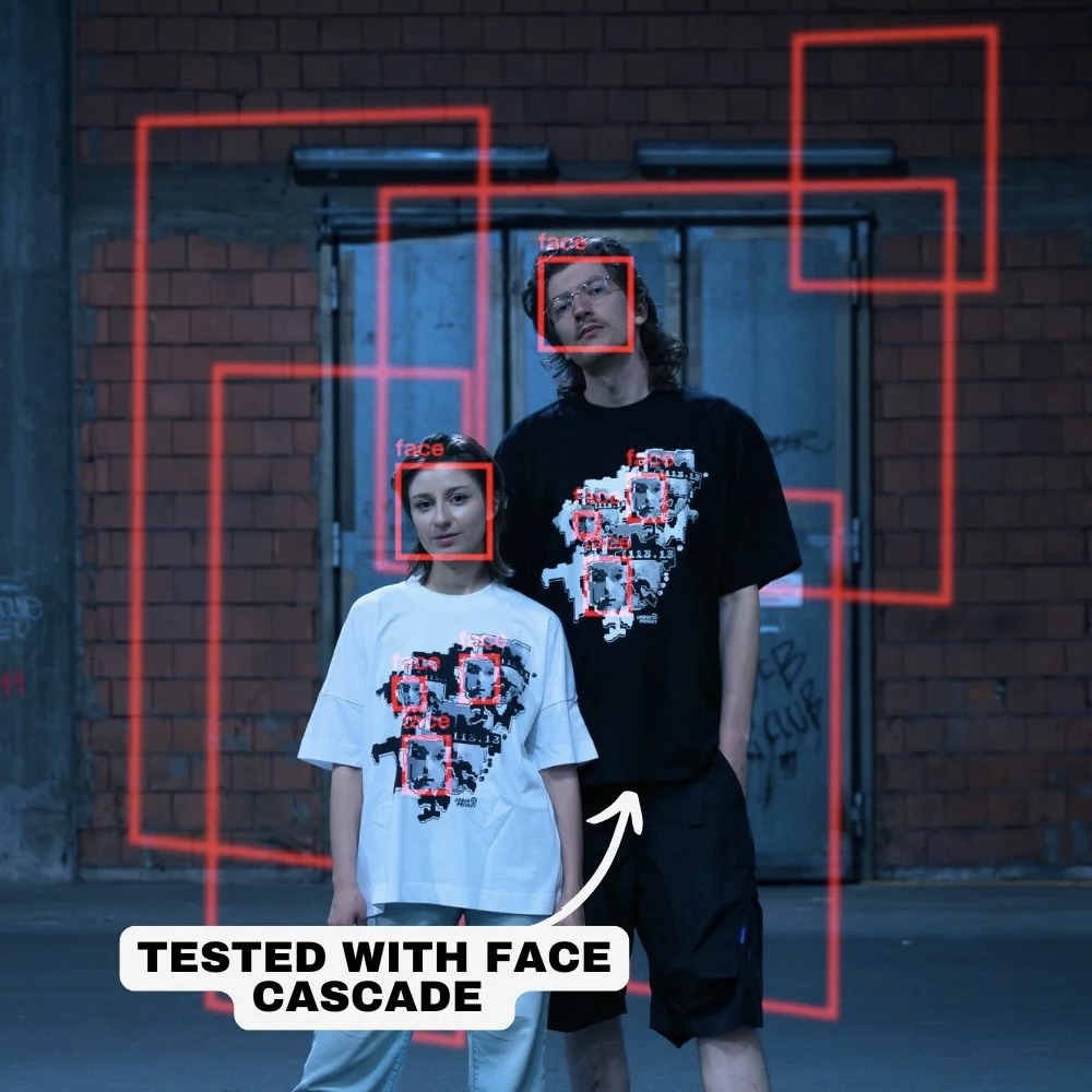 Urban Privacy's oversize Faception Reloaded Tee is designed with graphics that can confuse facial recognition systems, here shown in white and in black