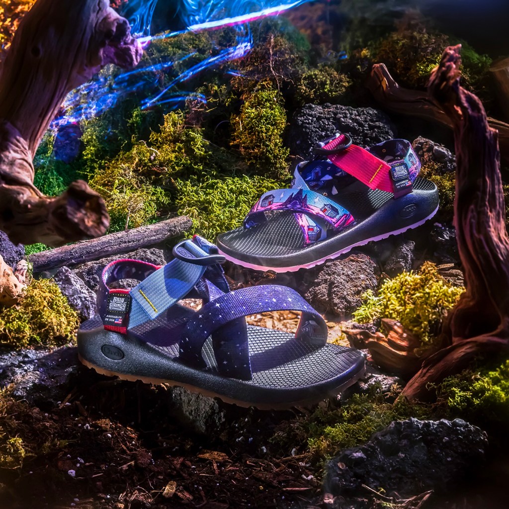 Two different Z/Sandals from the The Billy Strings x Chaco Limited-Edition Collection shows visuals from the artist's 2017 Turmoil & Tinfoil album art