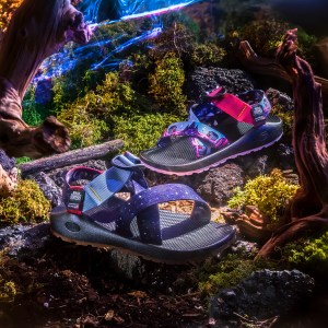 Two different Z/Sandals from the The Billy Strings x Chaco Limited-Edition Collection shows visuals from the artist's 2017 Turmoil & Tinfoil album art