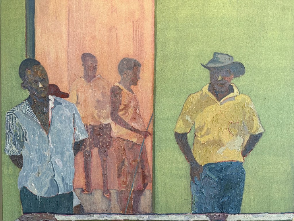 A painting of four figures on green and orange backgrounds.