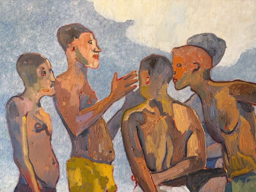 A painting of four figures talking by Ludovic Nkoth.