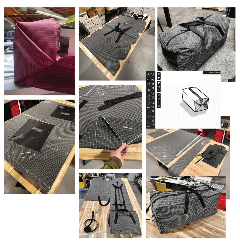 A collection of images showing the prototyping process of Black Diamond's Mission Duffel design process.