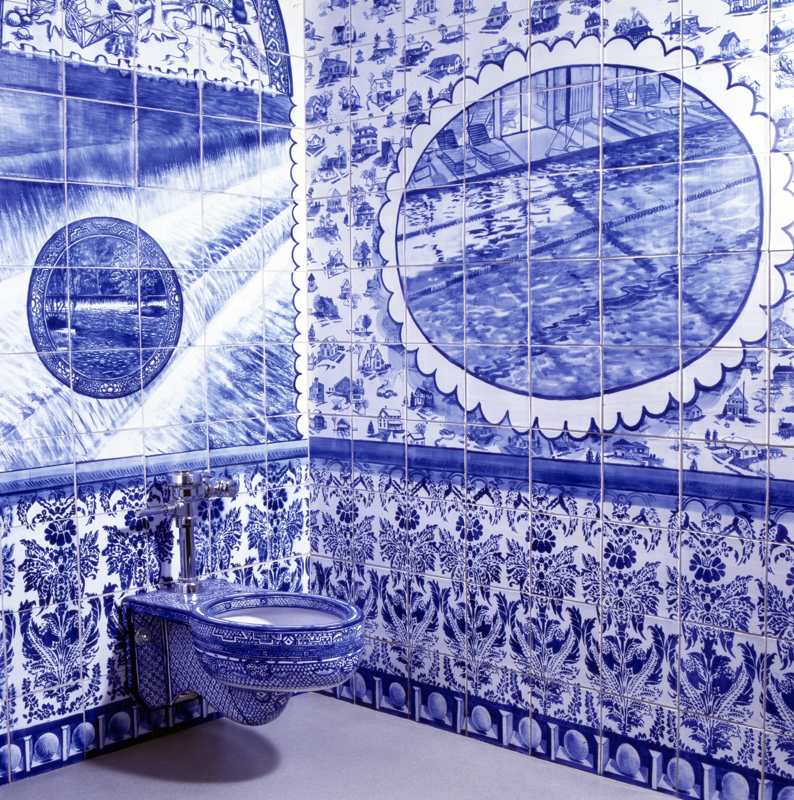 Ann Agee's blue and white painted tile washroom at JMKAC.