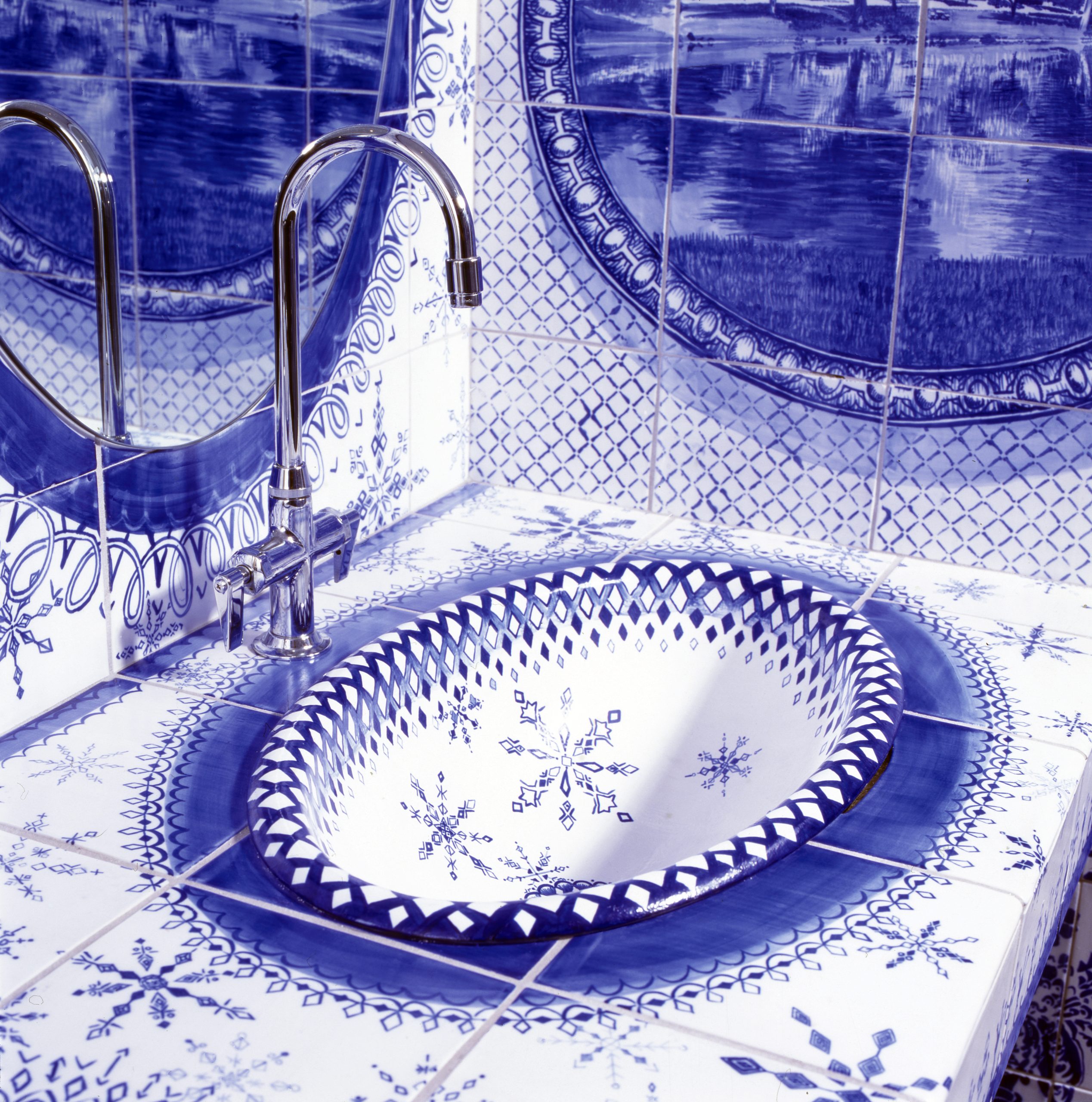 Ann Agee's blue and white painted tile washroom at JMKAC.