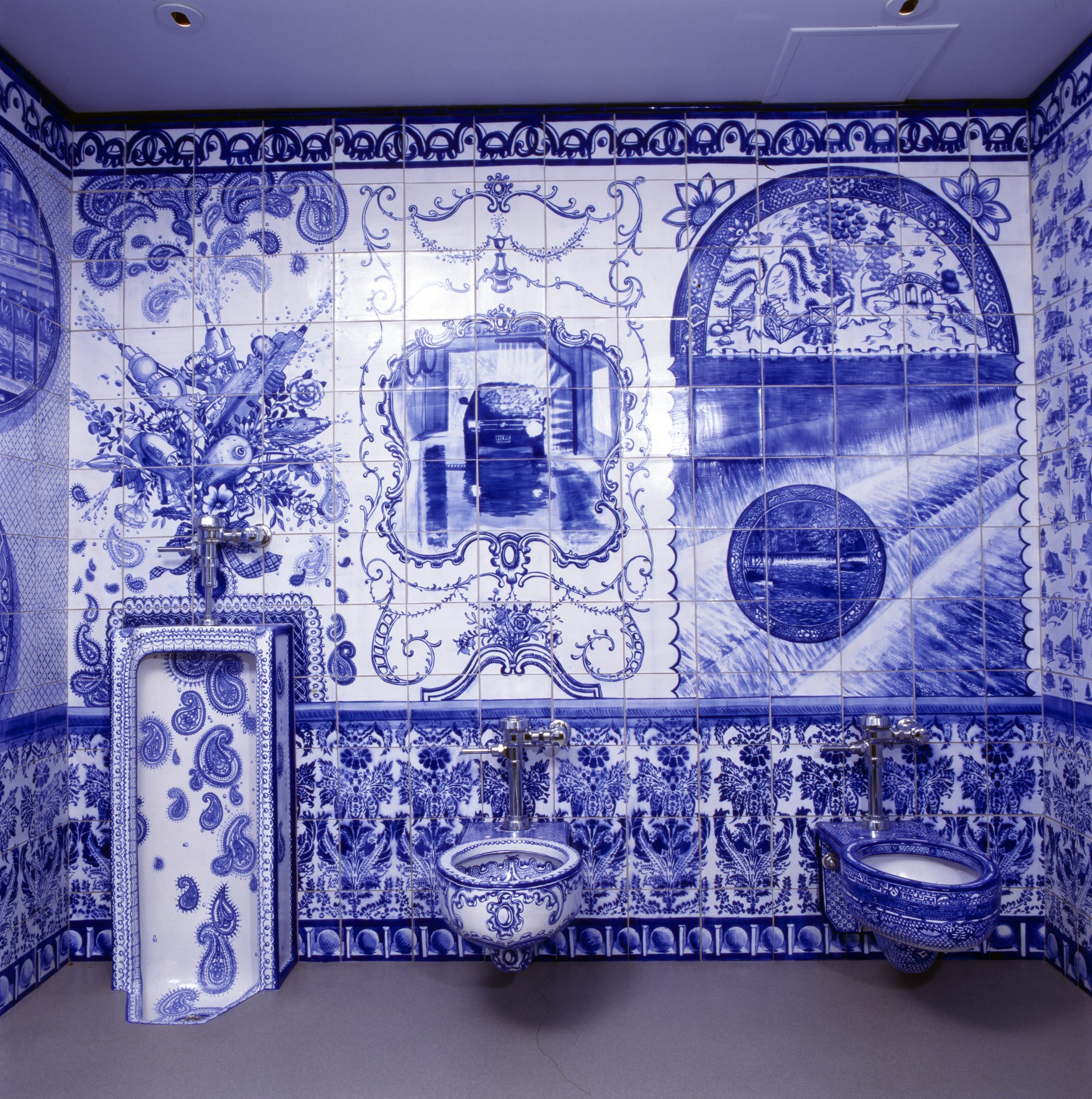 Ann Agee's blue and white painted tile washroom at JMKAC.