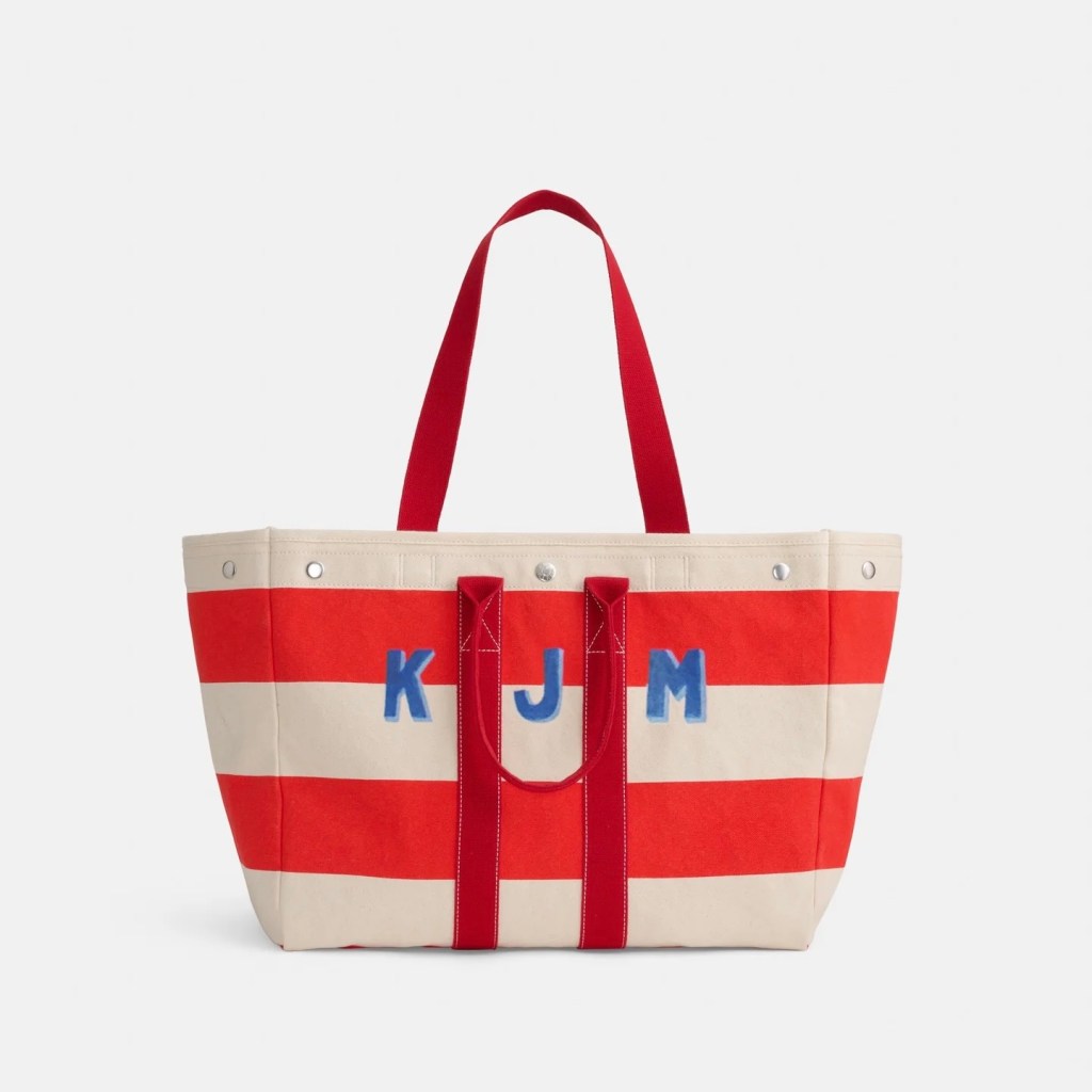 An Alex Mill Perfect Weekend Tote in red and white shown with two-tone monogram