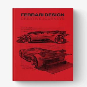 The cover of the Ferrari Design Creative Journeys book shows two black car sketches on a red cover