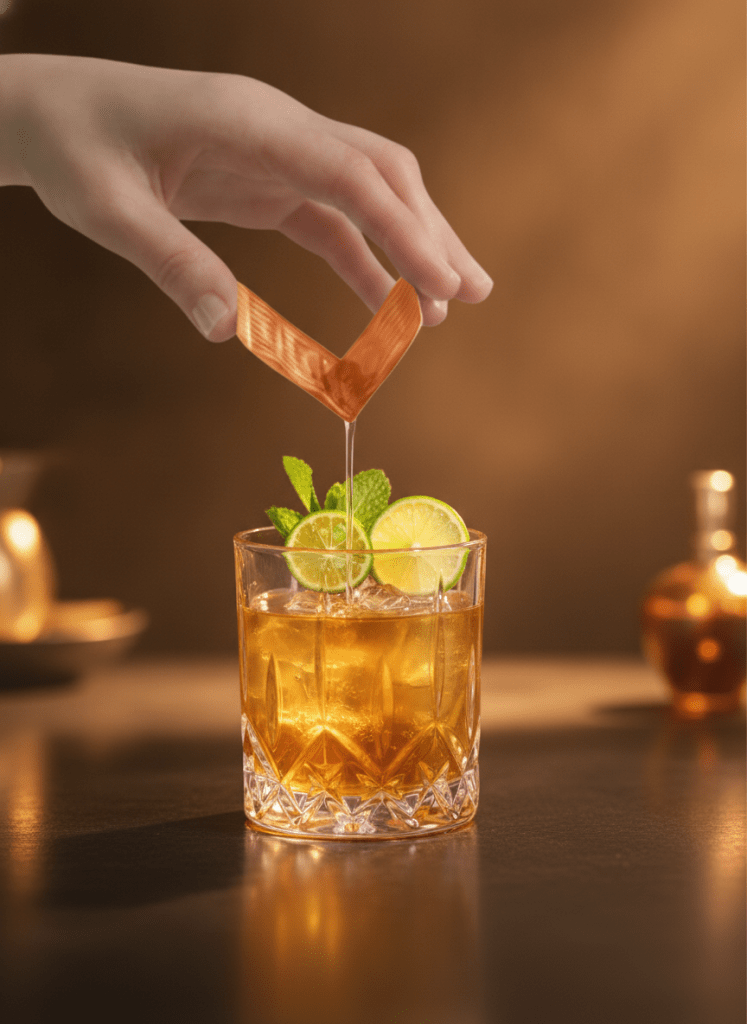 A hand pouring a ginger kalamasi Hi-Snap into a glass with brown liquid, ice and limes.