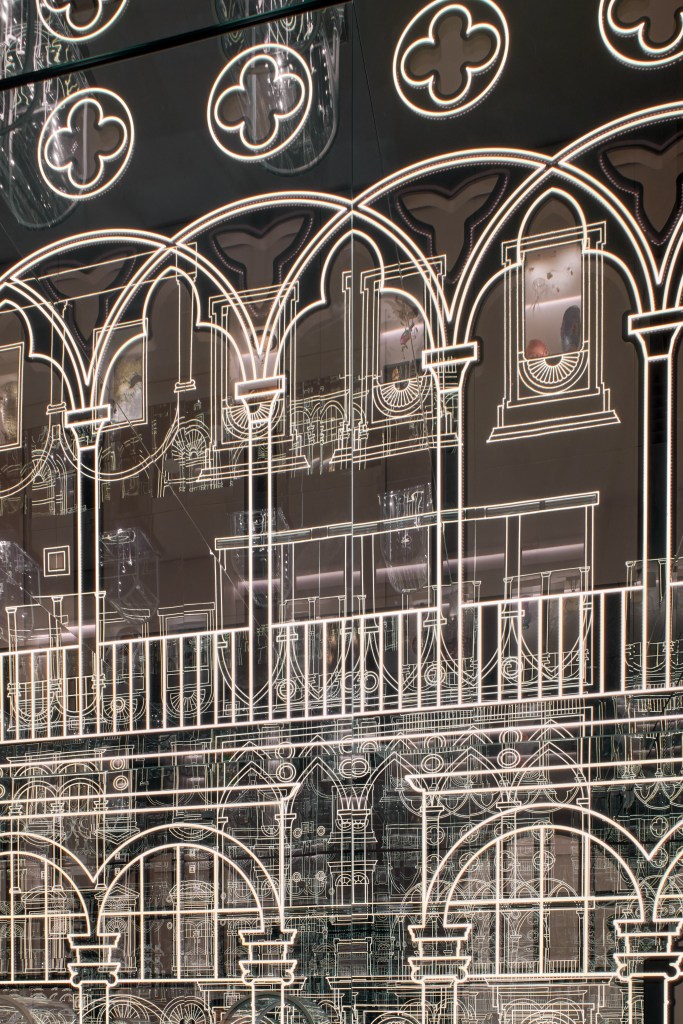 A detail of intricate artworks inspired by birdcages.