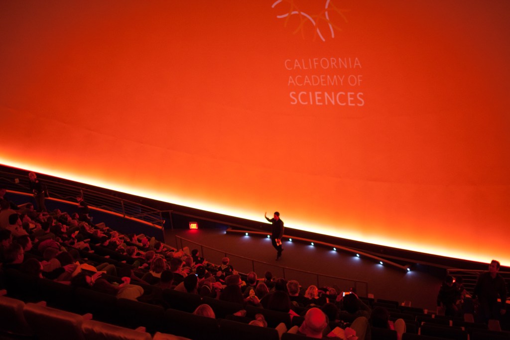 The planetarium at the California Academy of Sciences, looking down to the front from a high seat in the back. 