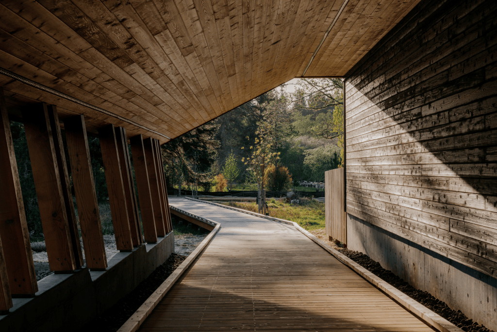 A wood-paneled walkway leads to an area with green grass and trees.