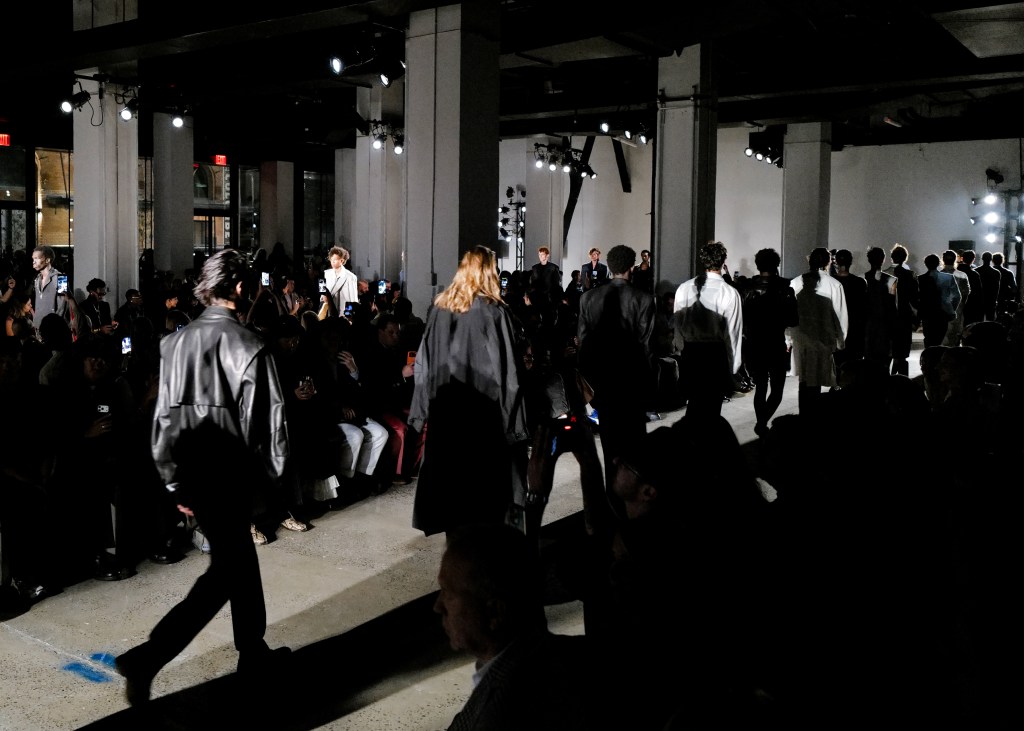 Models on the Public School runway walking away at the end of the SS27 show.