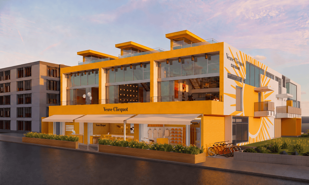 An architectural rendering of a yellow building in Venice Beach covered in Veuve Clilcquot branding.