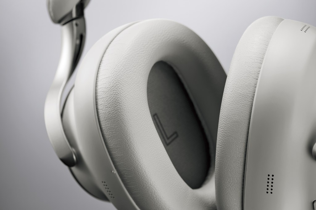 A detail of a gray pair of Technics headphones ear cushion.