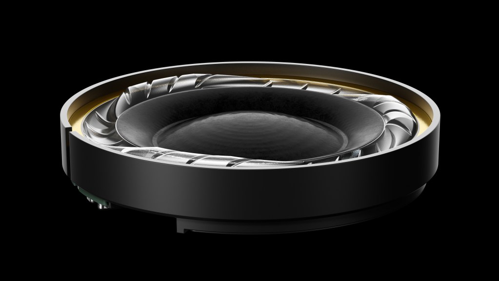 A detail of the SST Edge of a pair of headphones on a black background.
