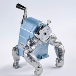 MB&F's GorillaSharpener has silver arms and lega and a light blue barrell