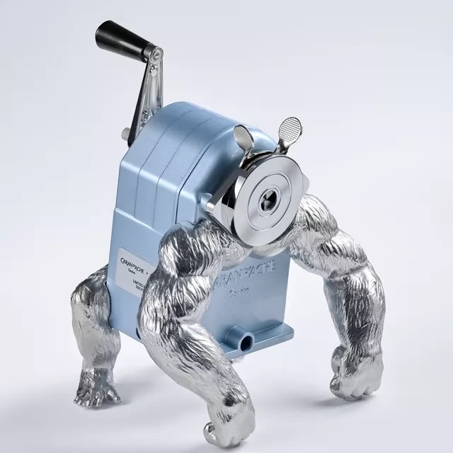 MB&F's GorillaSharpener has silver arms and lega and a light blue barrell
