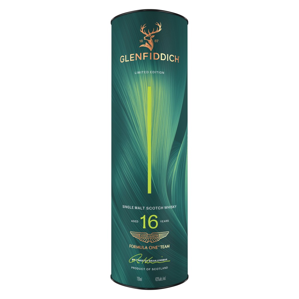 The packing of a 750 mL bottle of Glenfiddich x Aston Martin Formula One Team scotch.
