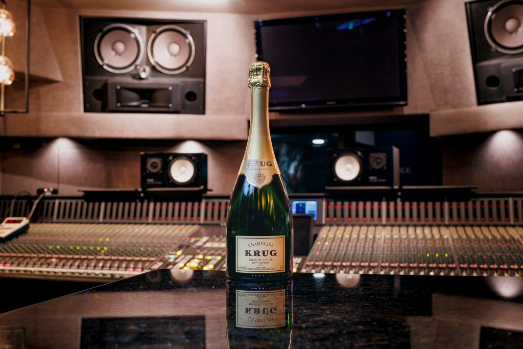 A bottle of Krug champagne sits on sound recording equipment at Larrabee studios.