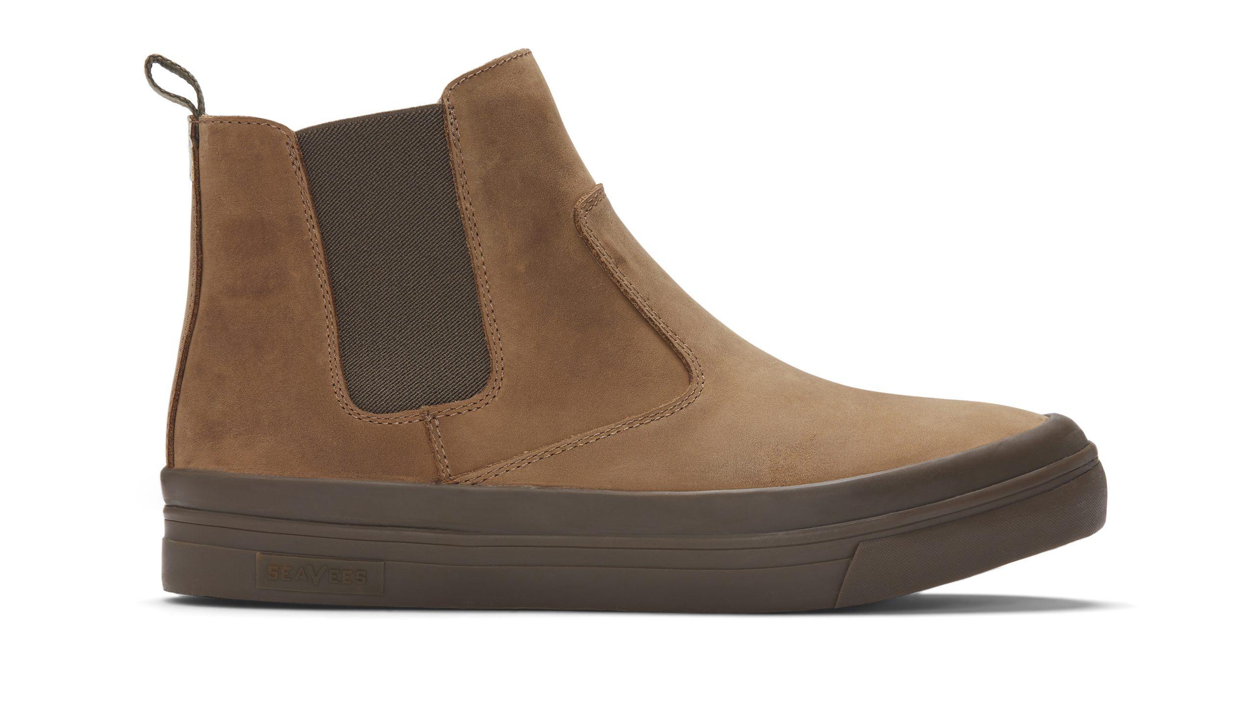 A tan and brown pair of Beyond and Back boots shot from the side on a white background.