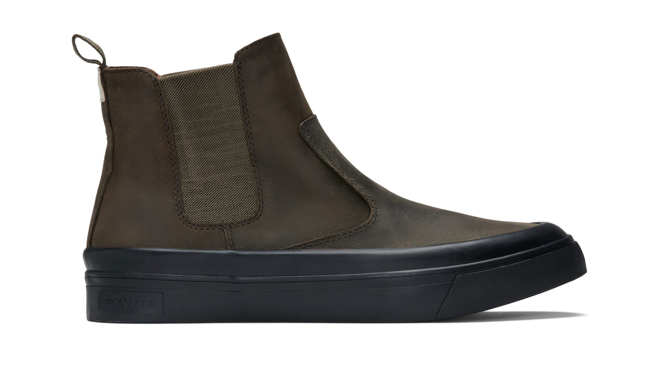 An olive green and black Beyond and Back boot shot from the side on a white background.