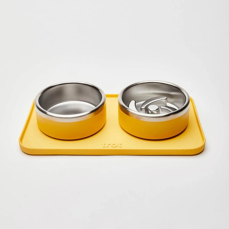 Trot's water bowl, puzzle food bowl, and mat, shown in yellow