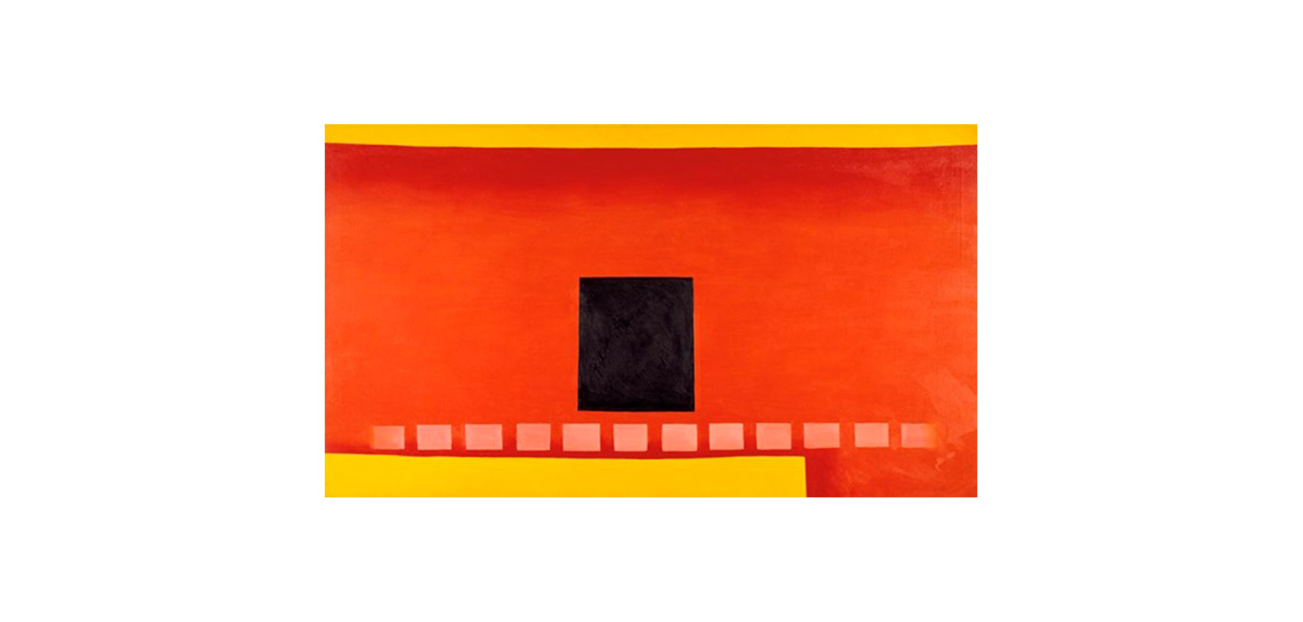A Georgia O'Keeffe painting of a red building with a black door and yellow details.