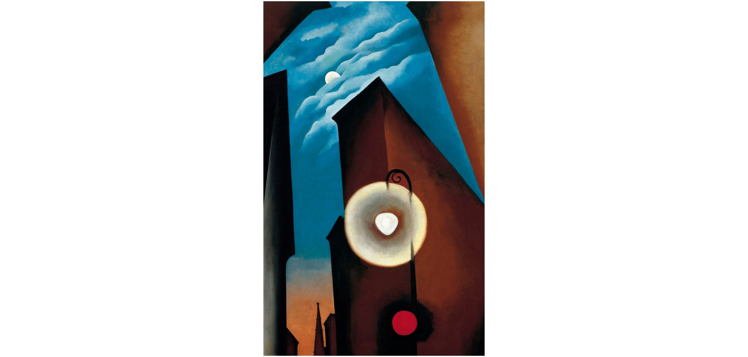A Georgia O'Keeffe painting of a NYC building looking up towards the top with a moon and streetlight.