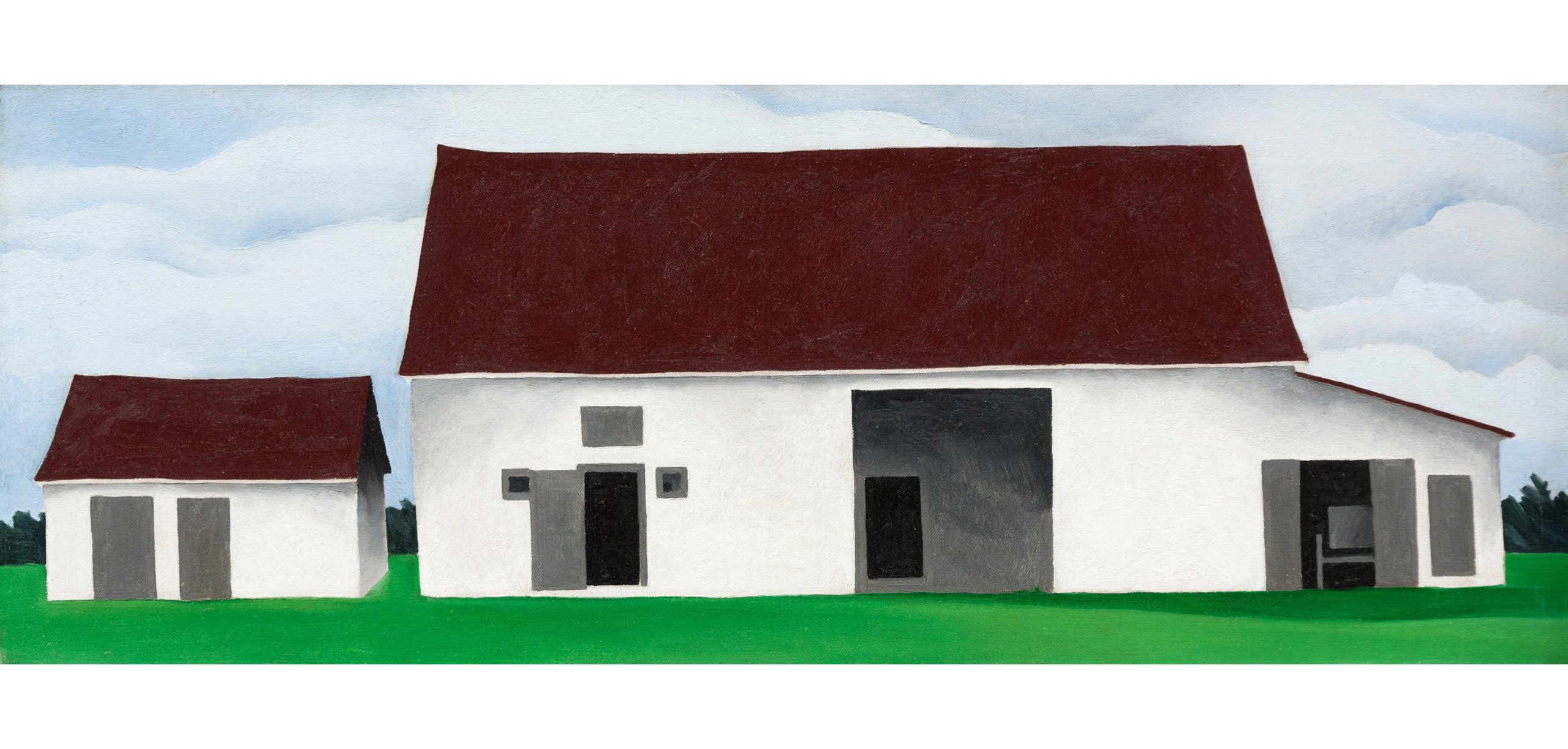 A Georgia O'Keeffe painting of a white stable with a brown roof.